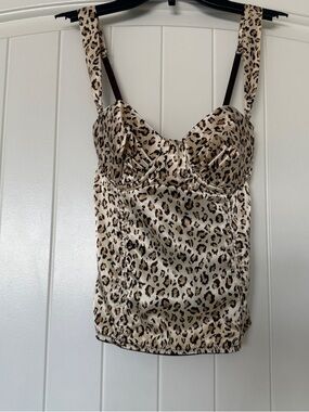 Y2K Luxe Leopard Print Satin Bustier Corset Tank Top - Cream Brown Small